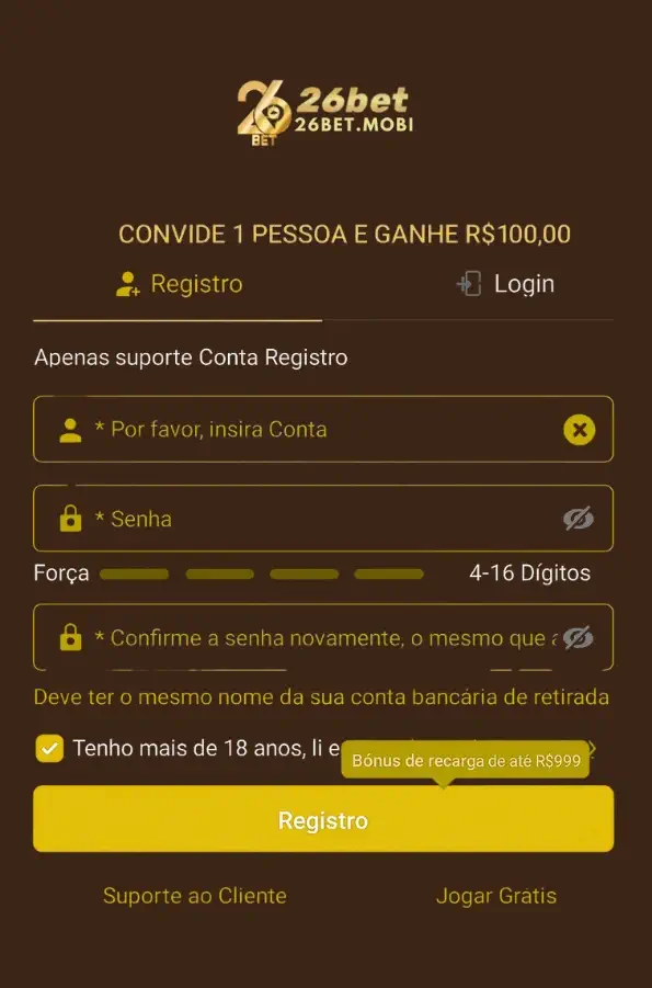 Tela de registro no 26bet